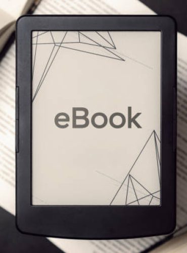 Ebook template. Digital book, library reader tablet with books on dark background. Online learning, home school concept